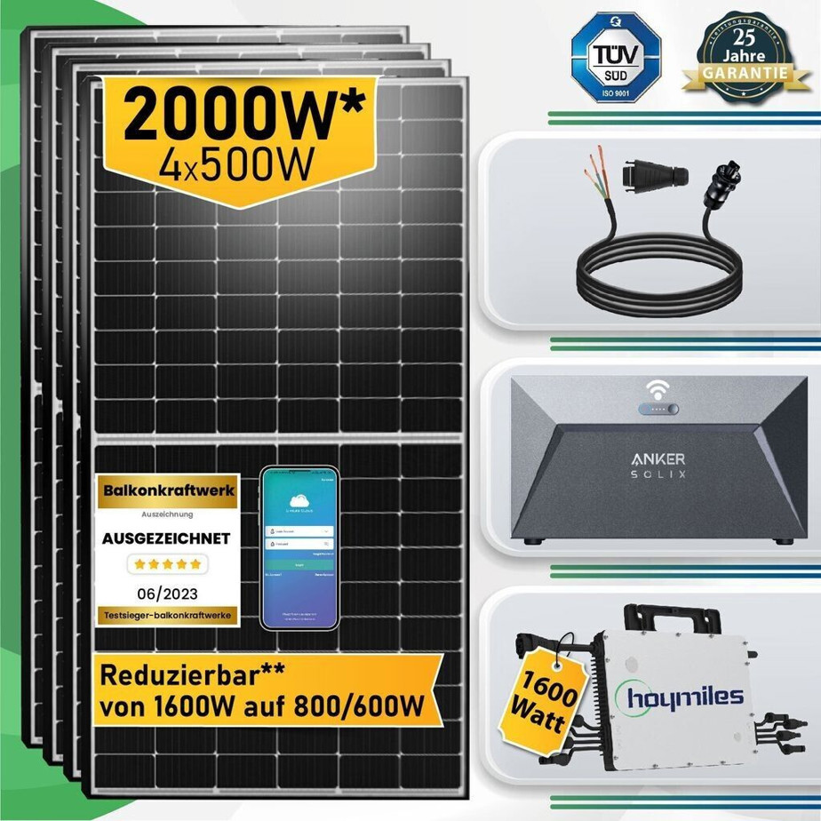 EPP Solar 2000W Solaranlage mit 4 x 500Wp | Hoymiles HMS-1600-4T | Anker SOLIX E1600 | 10m Wieland-Kabel