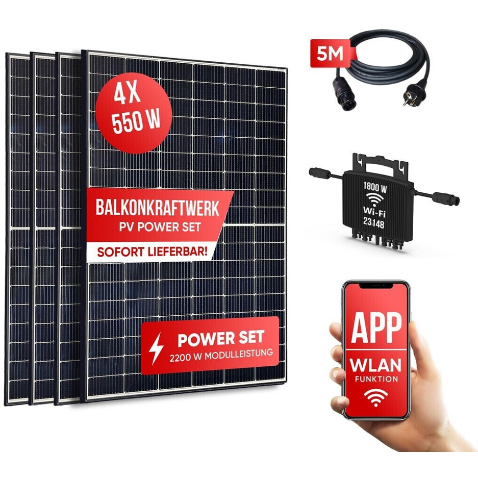 Jet-Line Solaranlage Balkon/Dach 2200W 4 x 550Wp Module | HERF-1800 Wechselrichter | Schuko-Netzkabel 5m
