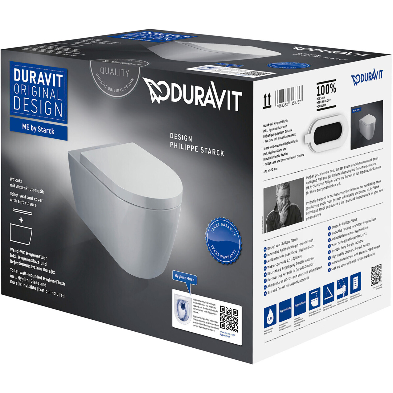 Duravit ME by Starck Wand-WC HygieneFlush Set – 37 x 57 cm, Weiß, HygieneGlaze (45790920A1)