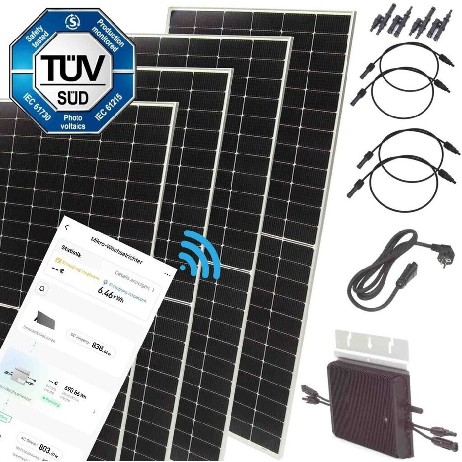 Apex Solar Photovoltaikanlage 2400W - 4 x 600Wp Module, 800W Wechselrichter & 1,9m Schuko-Kabel